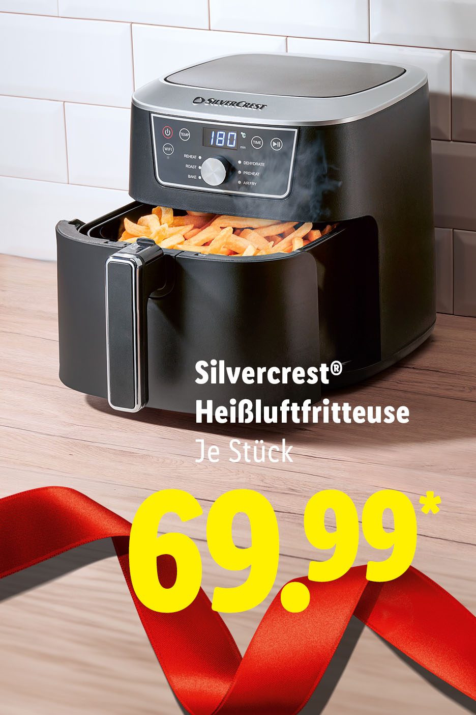 Silvercrest Heißluftfritteuse mit Pommes frites und Preis von 69.99€.