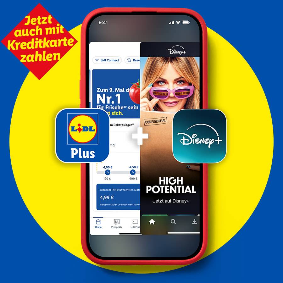 Lidl Plus App mit Disney+ Angebot und Hinweis auf Kreditkartenzahlung, bewirbt High Potential.
