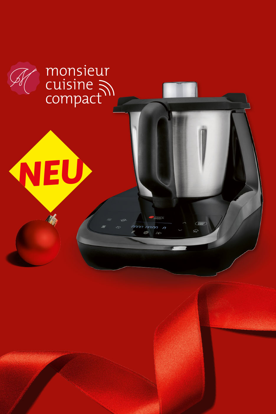Monsieur Cuisine Compact Küchenmaschine auf rotem Hintergrund mit Weihnachtsdeko und „NEU“-Schild.