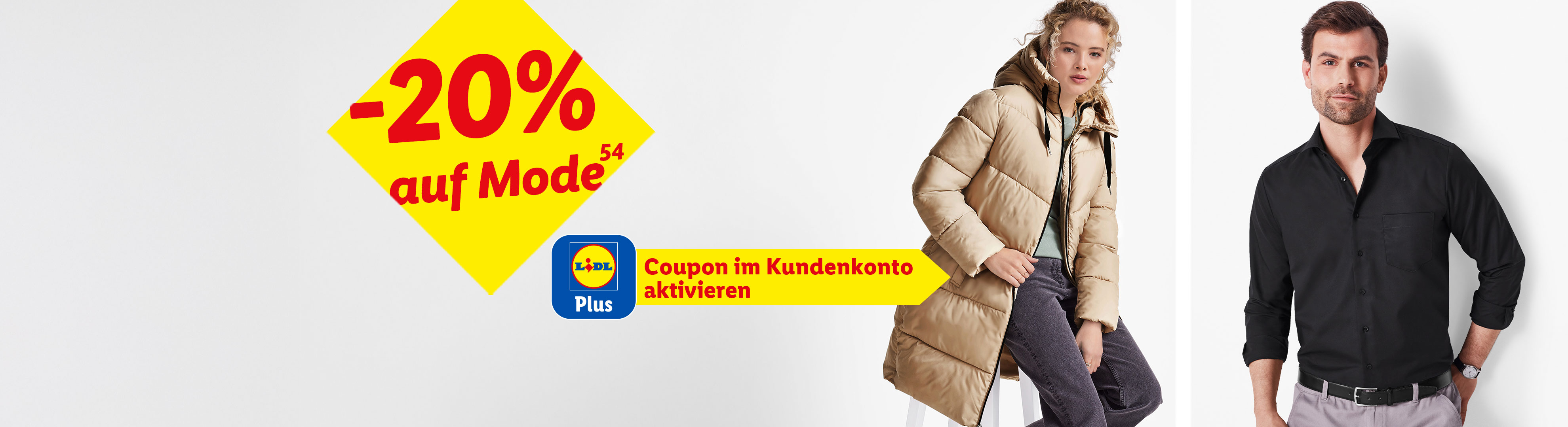 Lidl Plus: 20% Rabatt auf Mode, Coupon im Kundenkonto aktivieren, mit Frau in beiger Jacke und Mann in schwarzem Hemd.