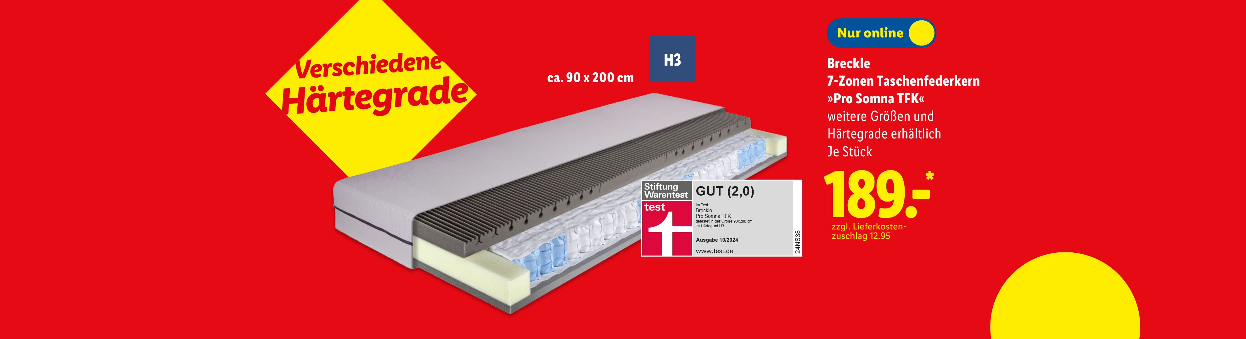 Breckle 7-Zonen Taschenfederkern »Pro Somna TFK«, ca. 90 x 200 cm, H3 für 189.00€ zzgl. Lieferkostenzuschlag 12.95, nur online, weitere Größen und Härtegrade erhältlich