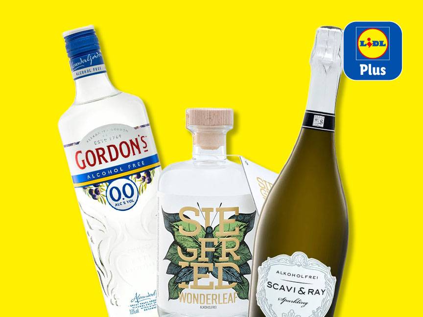 Alkoholfreie Getränke: Gordon's Gin, Siegfried Wonderleaf und Scavi & Ray Sekt auf gelbem Hintergrund mit Lidl Plus Logo.