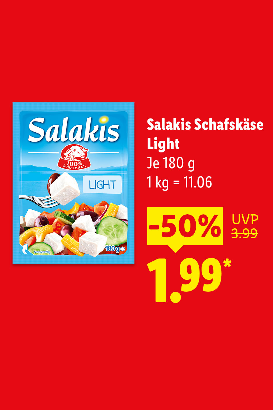 Salakis Schafskäse Light, Je 180 g (1 kg = 11.06 €) mit 50% Rabatt für 1.99 €.
