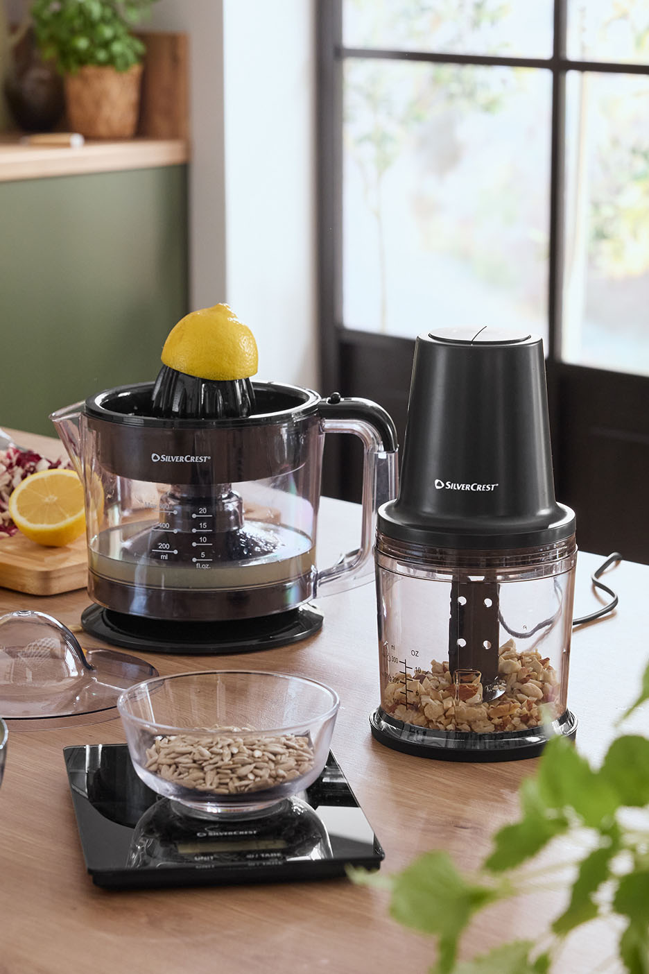 SilverCrest Zitruspresse und Zerkleinerer auf einem Holztisch mit Sonnenblumenkernen.