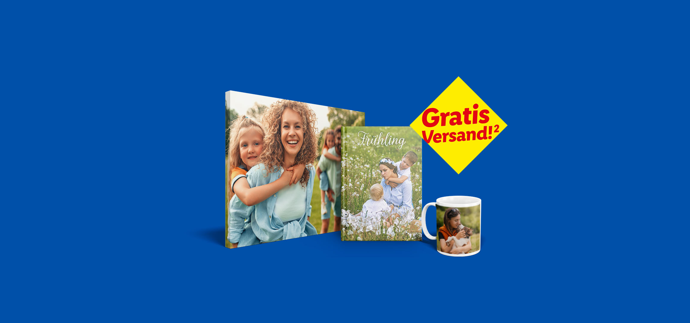 Fotosprodukte wie Leinwand, Fotobuch und Fototasse mit frühlingshaften Bildern. In einer Raute zu sehen: Gratis Versand!