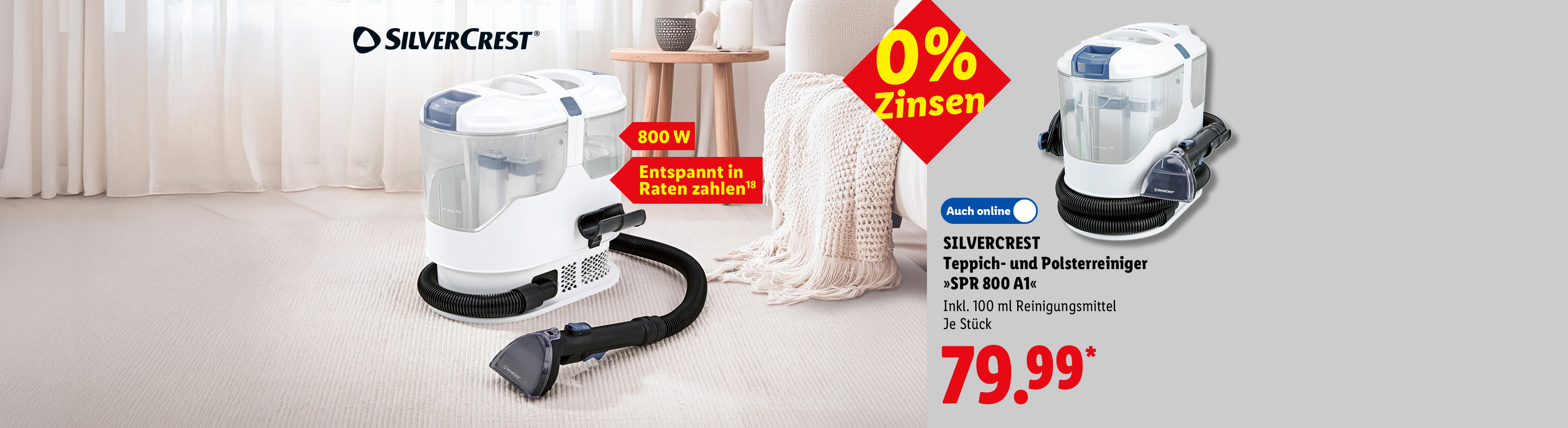 Entspannt in Raten zahlen: SILVERCREST Teppich- und Polsterreiniger »SPR 800 A1«, 800 W, Saugkraft: 17 kPa, Inkl. 100 ml Reinigungsmittel, je Stück für 79.99 €*.
