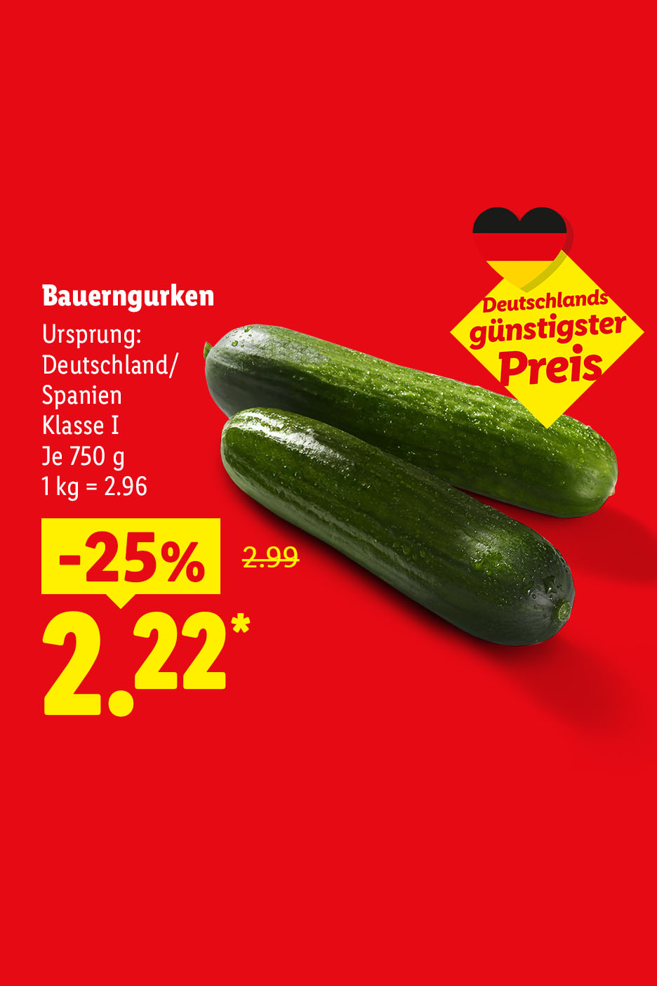 Deutschlands günstigster Preis – Bauerngurken, Ursprung: Deutschland/Spanien, Klasse I, je 750 g -25% für nur 2.22 €* (1 kg = 2.96 €)