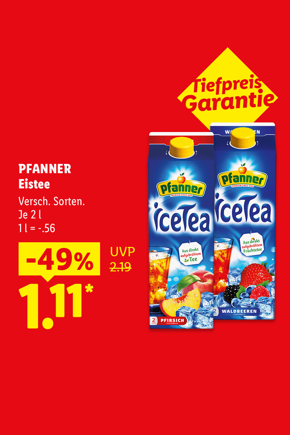 Tiefpreis-Garantie – PFANNER Eistee, verschiedene Sorten, je 2 l -49% für 1.11 €* (1 l = -.56 €)