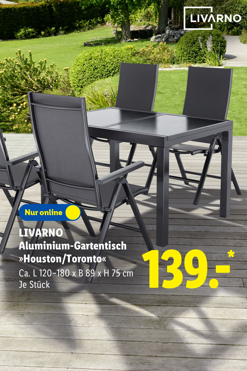 LIVARNO Aluminium-Gartentisch »Houston/Toronto«, ca. L 120–180 x B 89 x H 75 cm, je Stück nur online für 139.- €*.