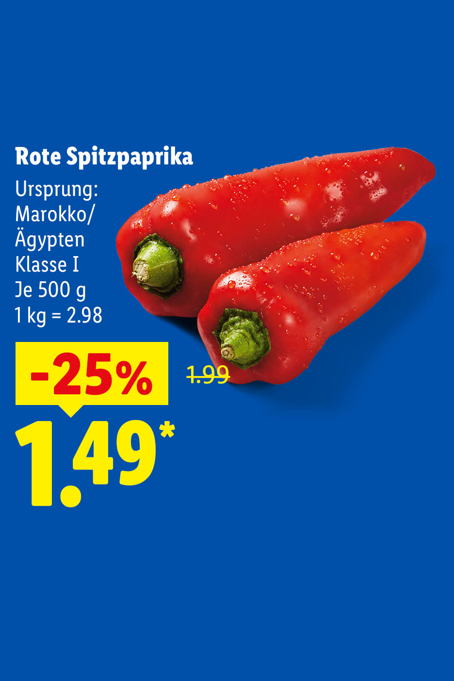 Rote Spitzpaprika, Ursprung: Marokko/Ägypten, Klasse I, je 500 g -25% für nur 1.49 €* (1 kg = 2.98 €)