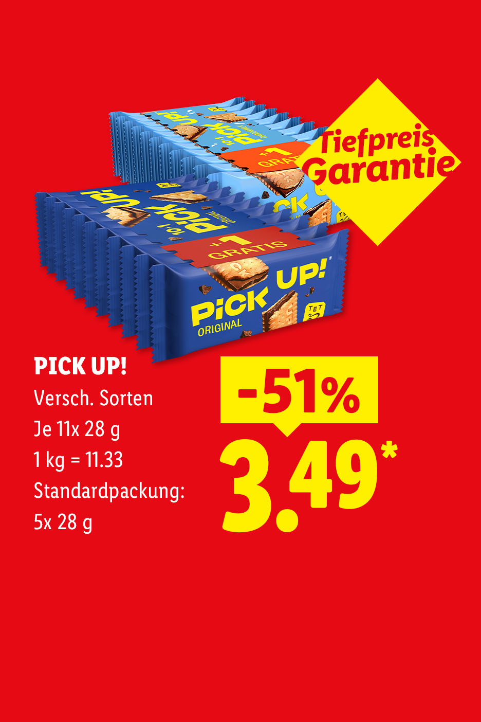 Tiefpreis Garantie: PICK UP!, Versch. Sorten, Je 11x 28 g, 1 kg = 11.33, Standardpackung: 5x 28 g -51% für 3.49 €*.