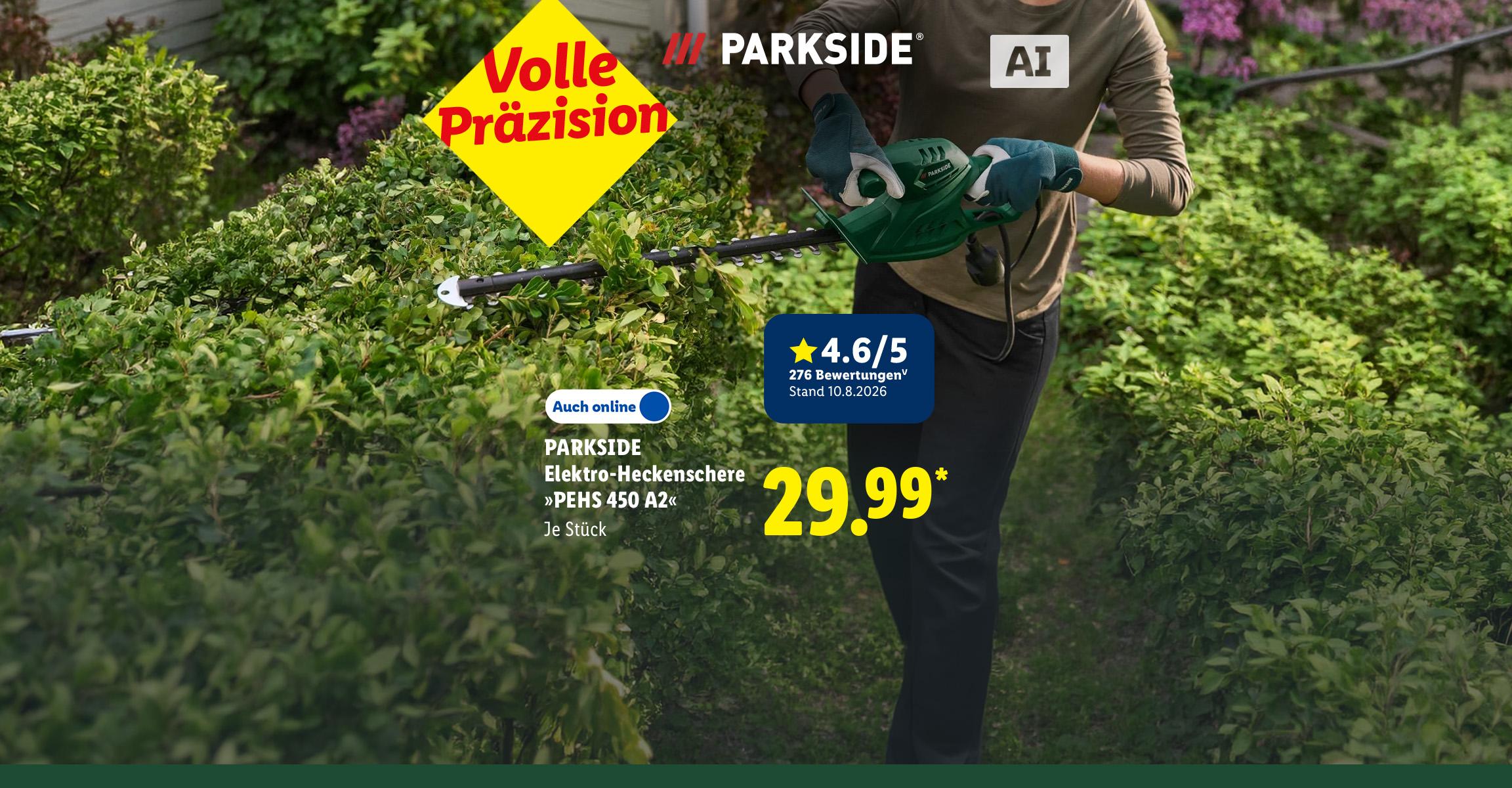 Volle Präzision: PARKSIDE Elektro-Heckenschere »PEHS 450 A2«, Kundenbewertung 4.6/5 Stand 11.8.2026, je Stück, Auch online für 29.99 €*. AI-generated.
