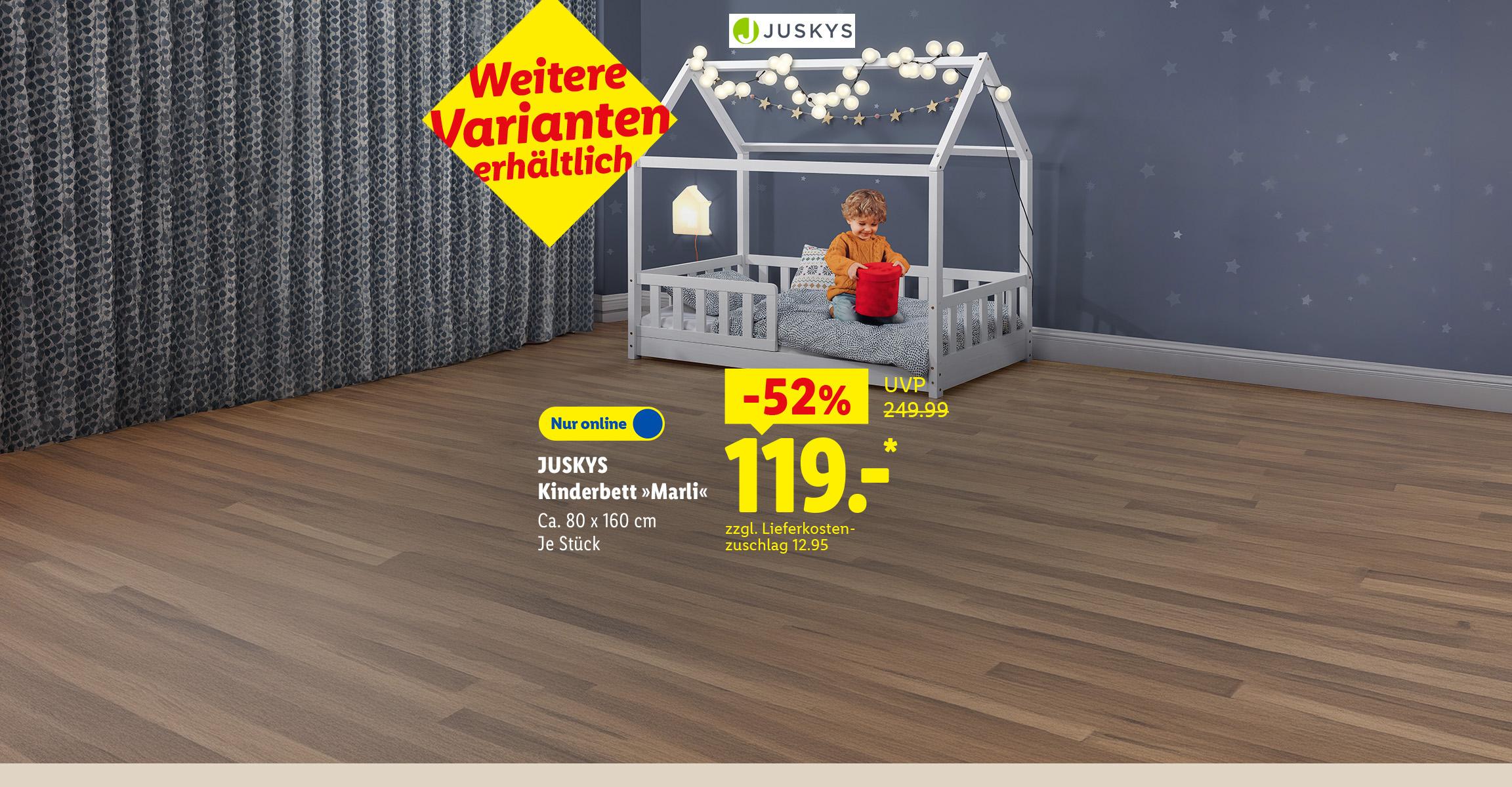 KI-generiert: Weitere Varianten erhältlich: JUSKYS Kinderbett »Marli«, Ca. 80 x 160 cm, je Stück 52% günstiger, Nur online für 119.00 €* zzgl. Lieferkostenzuschlag 12.95. AI-generated.