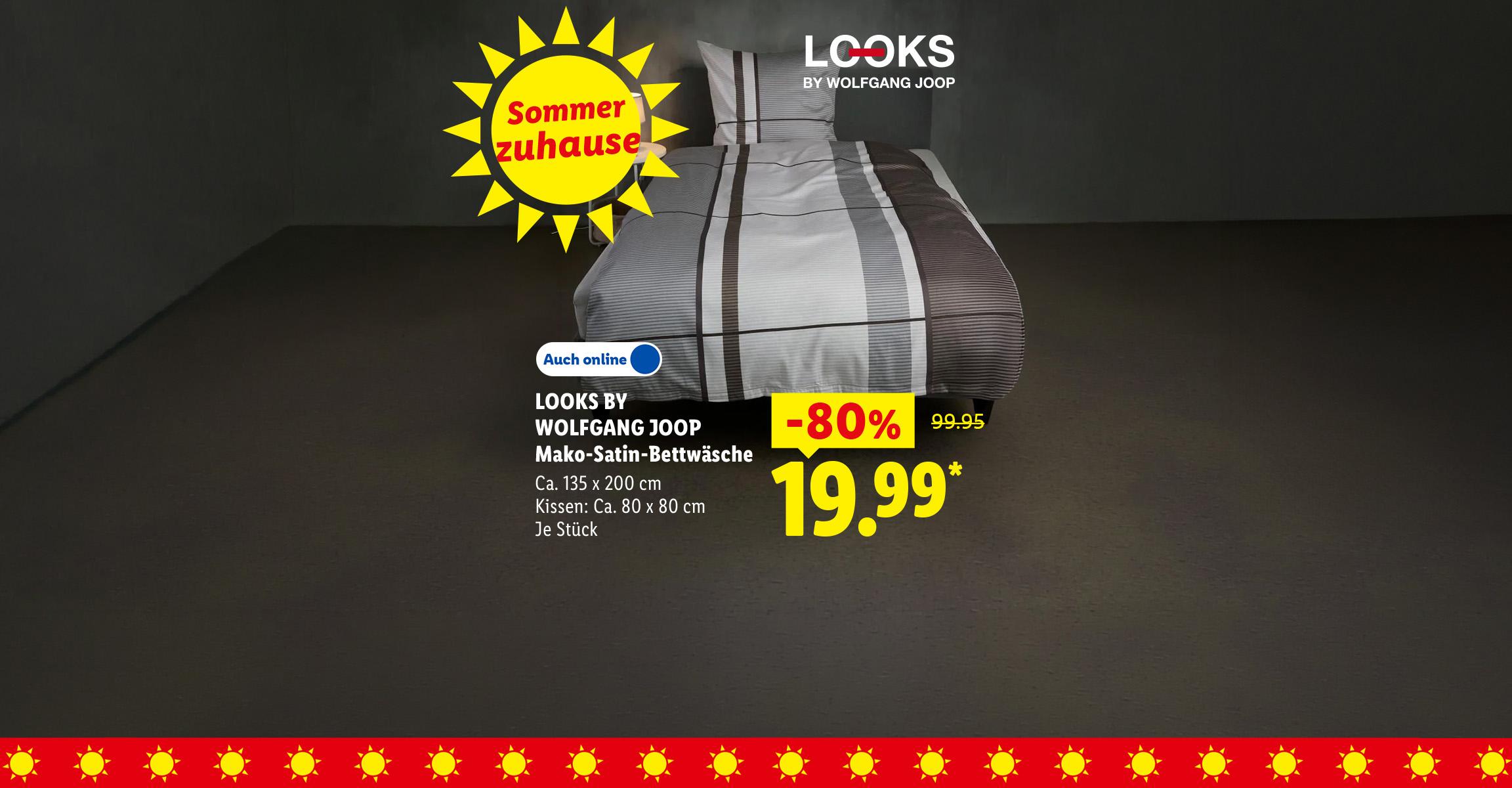KI-generiert: Sommer zuhause: LOOKS BY WOLFGANG JOOP Mako-Satin-Bettwäsche, Ca. 135 x 200 cm Kissen: Ca. 80 x 80 cm, je Stück 80% günstiger, Auch online für 19.99 €*. AI-generated.