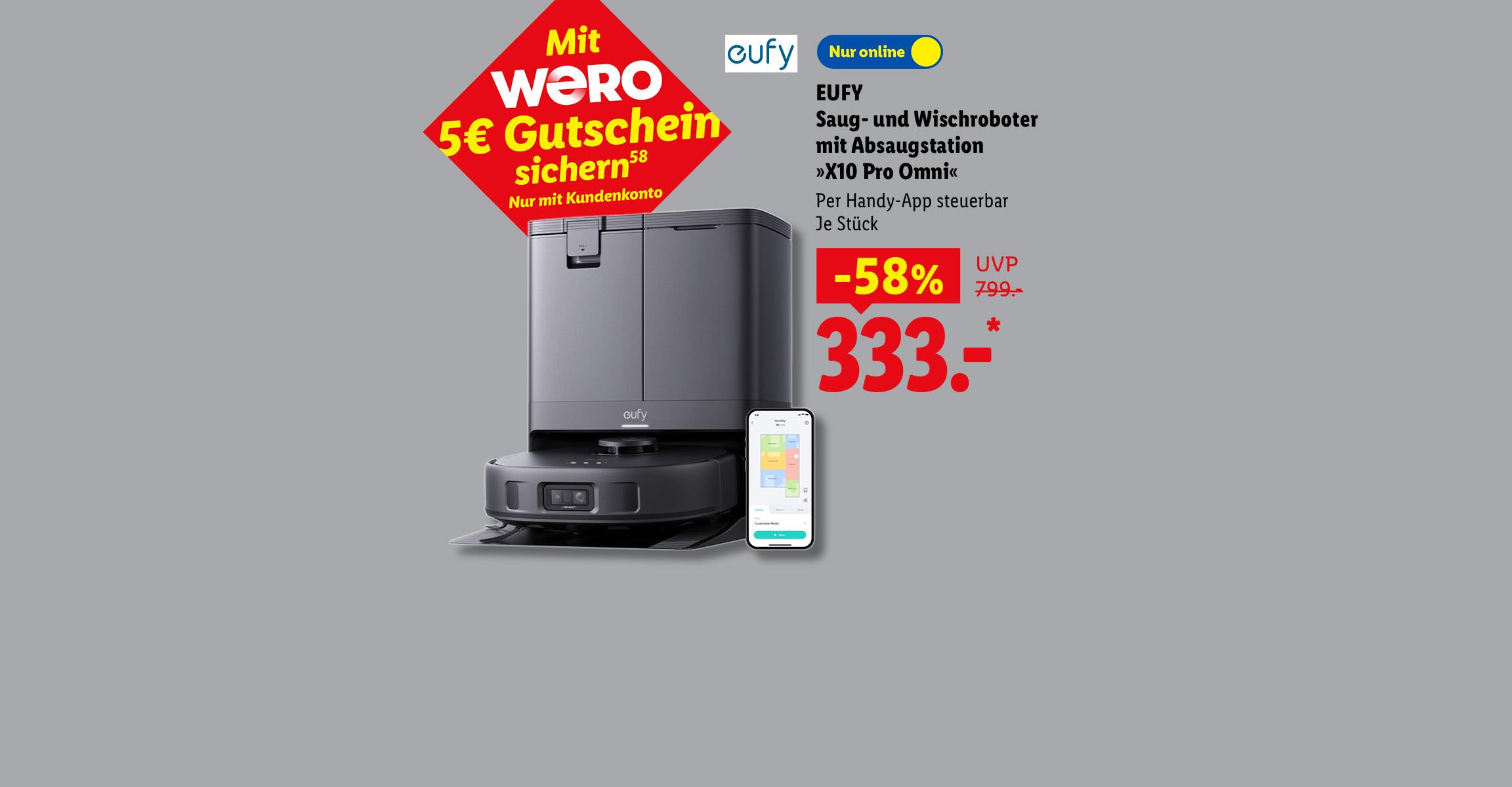 EUFY Saug- und Wischroboter mit Absaugstation »X10 Pro Omni«, Per Handy-App steuerbar, Je Stück, -58% günstiger, Nur online für 333.- €*.