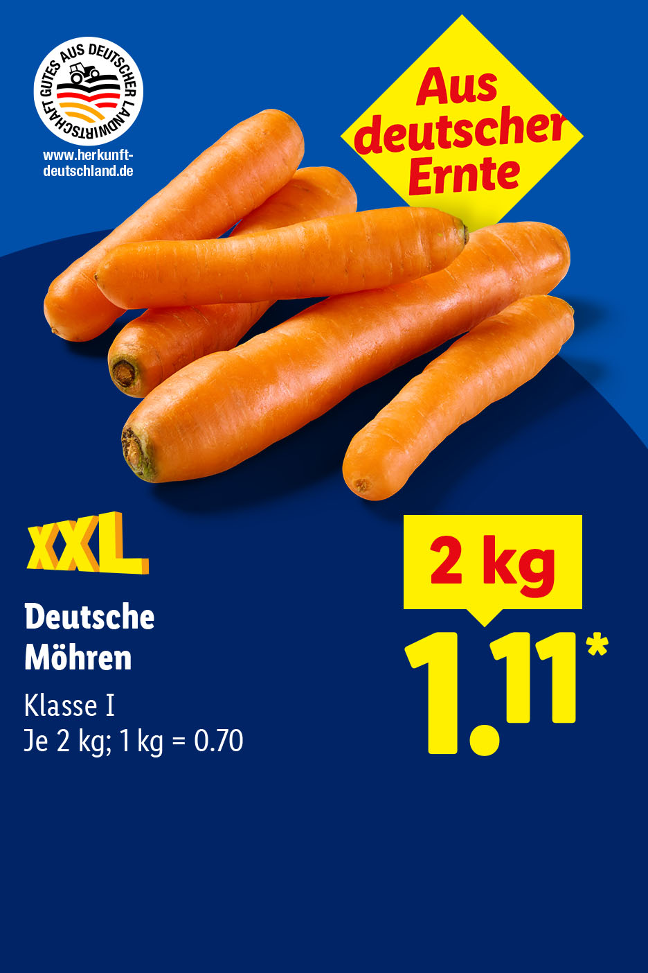 Aus deutscher Ernte XXL Deutsche Möhren der Klasse I im 2-kg-Beutel für 1,11 €.