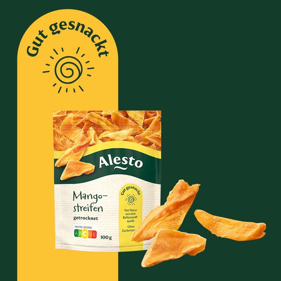 Packung getrockneter Mangostreifen mit der Aufschrift „Gut gesnackt“ und Nährwertangaben.