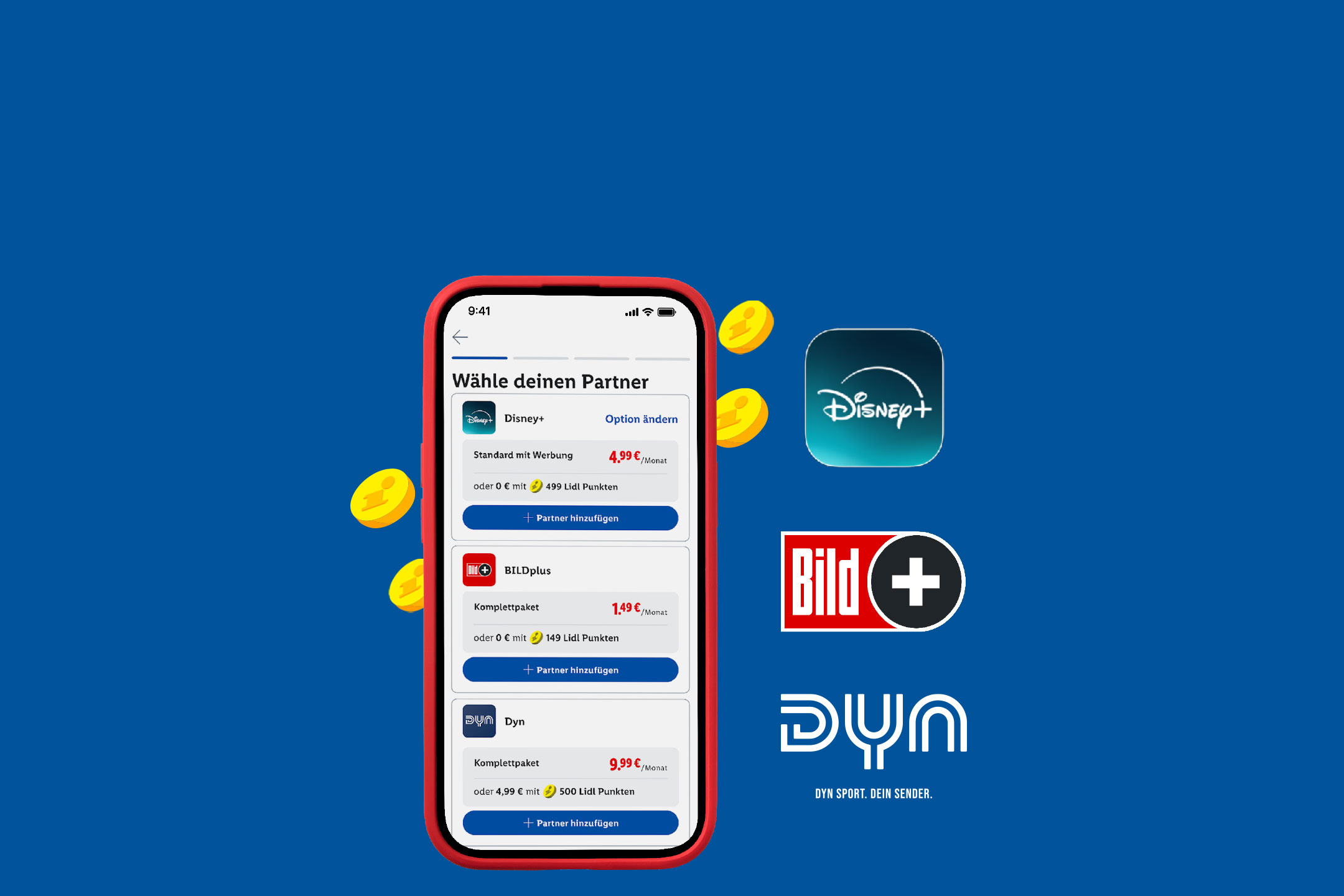 Wähle deinen Lidl Entertainment Partner in der Lidl Plus App. DYN, BILD+ oder Disney+