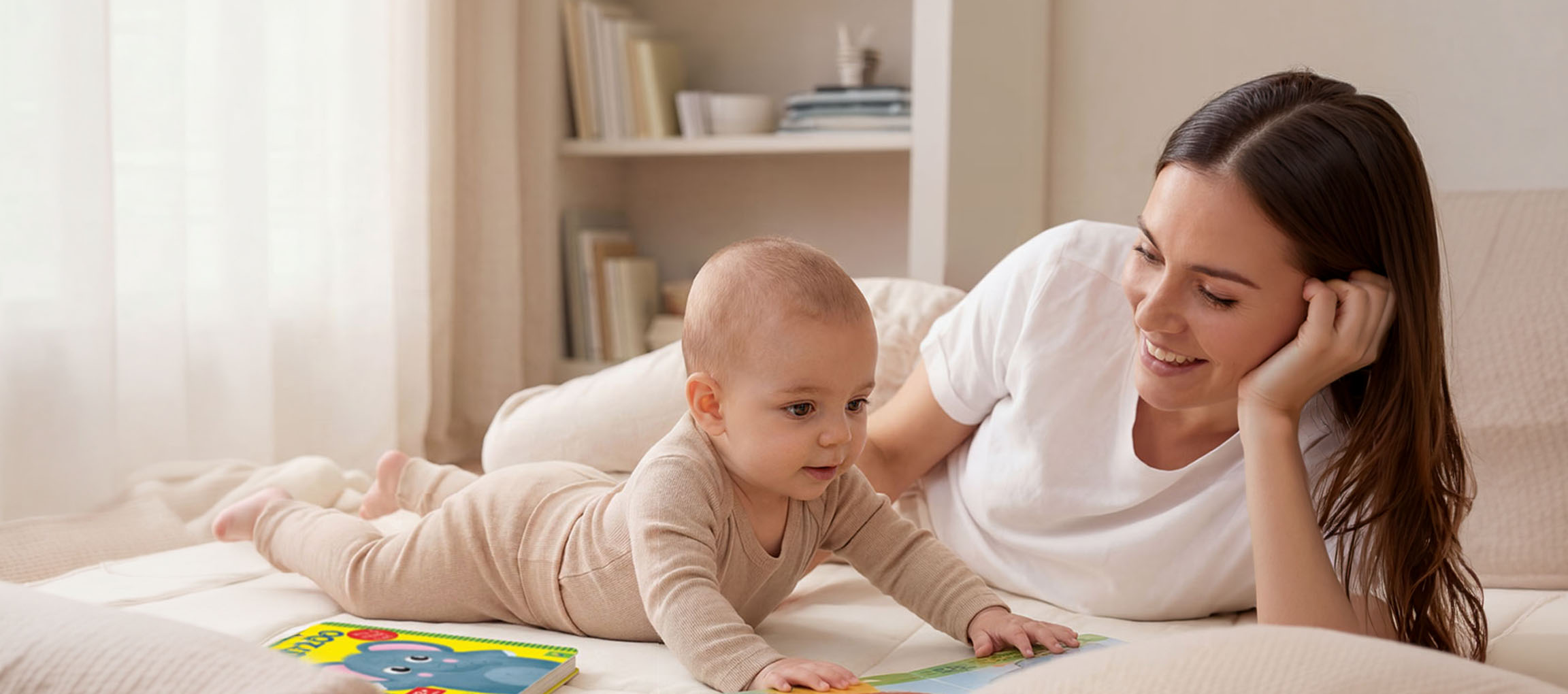Mutter und Baby liegen auf einem Bett und lesen ein Buch.