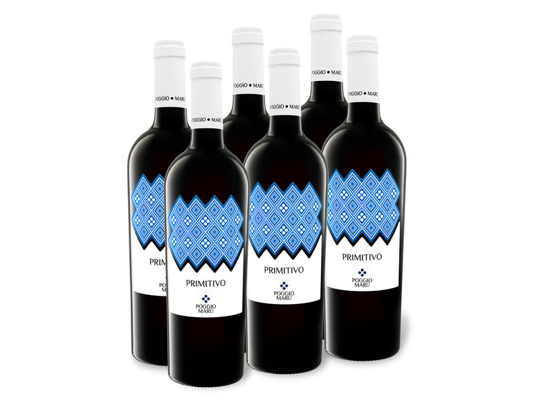 6 x 0,75-l-Flasche Weinpaket Poggio IGP Salento trocken, Primitivo Maru Rotwein