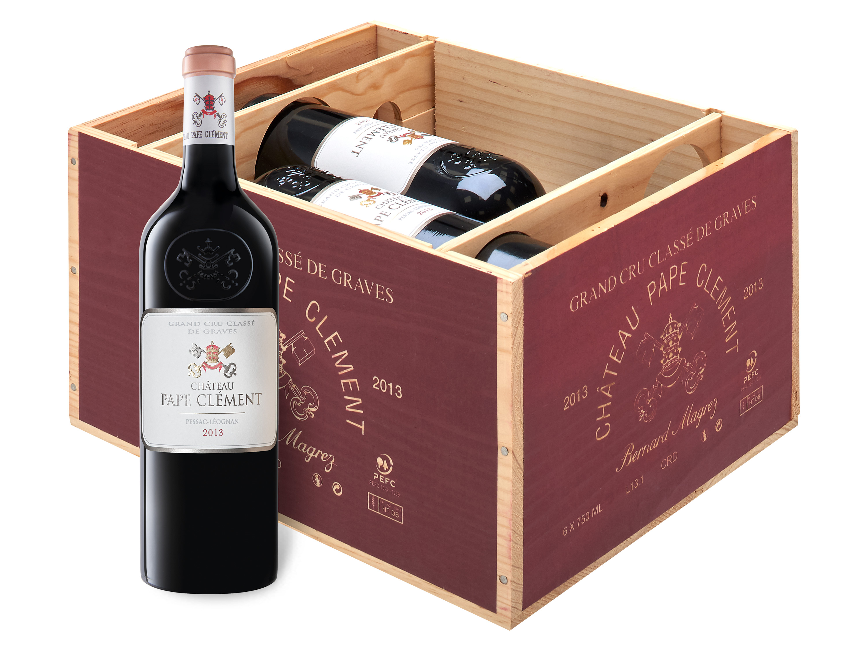 6 Spirituosen Preis Wein Rotwein Finde & AOP trocken, Pape für - - 2013 Original-Holzkiste besten den Pessac-Léognan Clement Château 0,75-l-Flasche x
