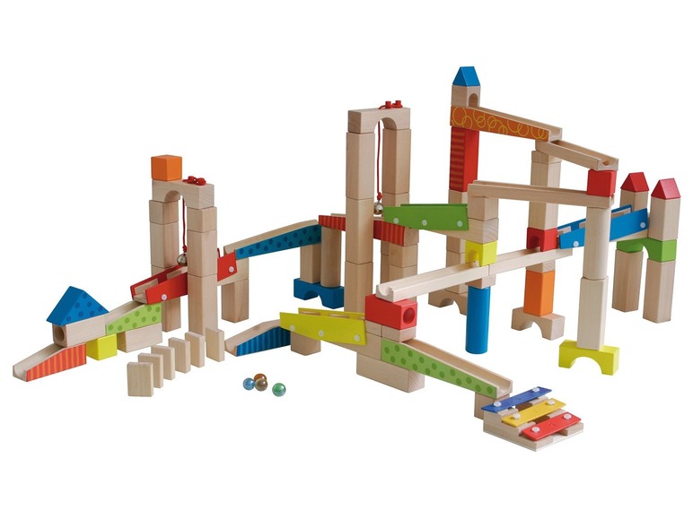 Gehe zu Vollbildansicht: roba Kugelbahn, Kinderspielzeug, 20 Glasmurmeln, 80 Bausteinen, ab 3 Jahren, aus Holz - Bild 1