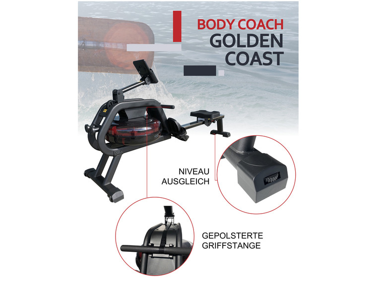 body coach Wasser-Rudergerät inkl. Wasser-Bremssystem Coast Brustgurt Gold Rower Ruderzugmaschine