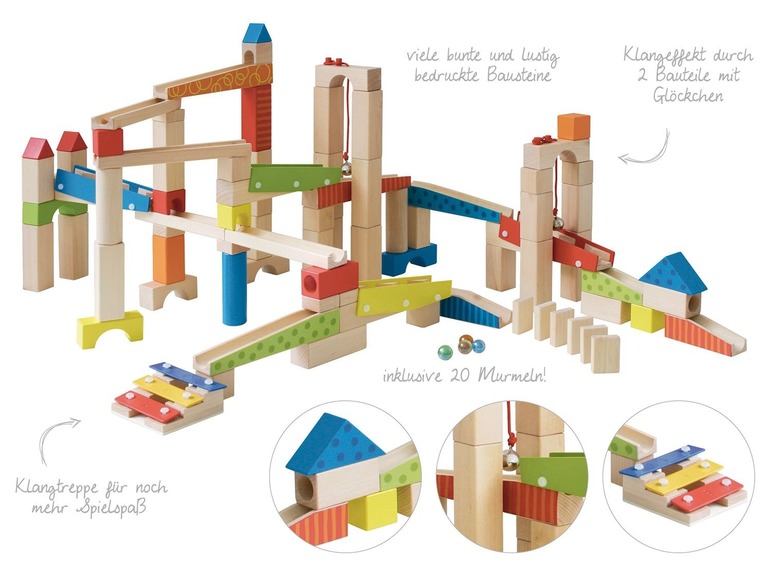 Gehe zu Vollbildansicht: roba Kugelbahn, Kinderspielzeug, 20 Glasmurmeln, 80 Bausteinen, ab 3 Jahren, aus Holz - Bild 2
