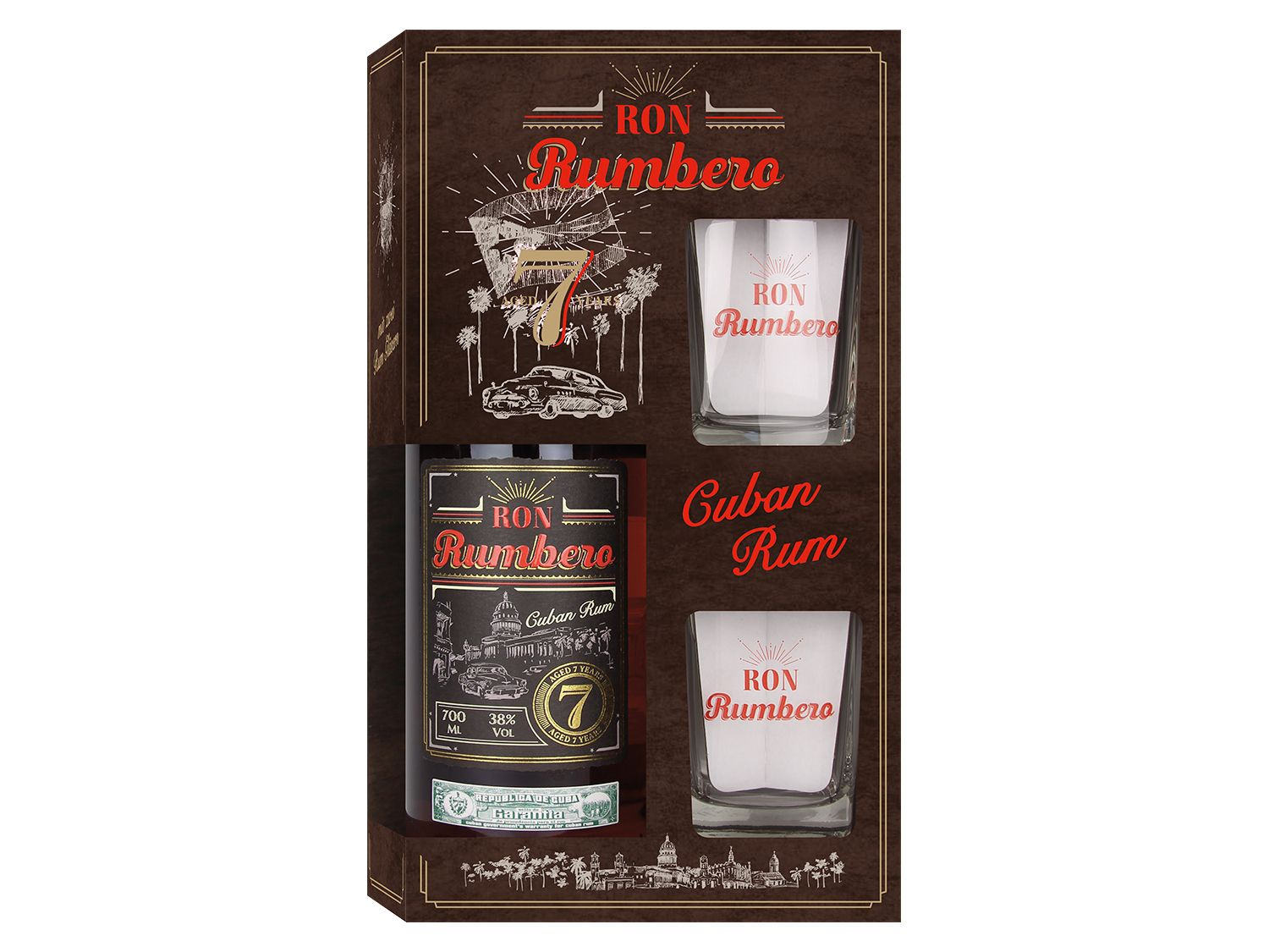 Ron Rumbero Rum mit Gläsern LIDL 2 Vol Jahre 38% 7 