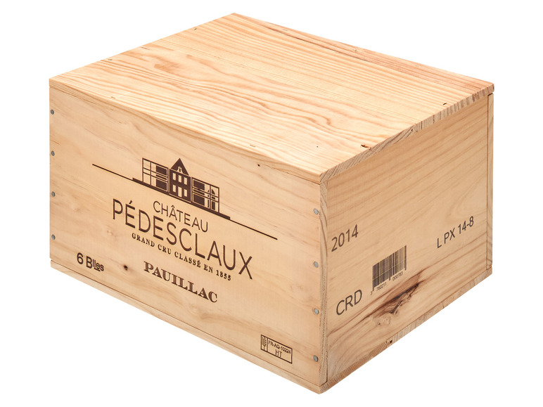 6 x 0 75-l-Flasche Pédesclaux Grand trocken - Cru Rotwein Original-Holzkiste 2017 AOC 5éme Château Classé Pauillac