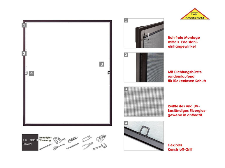 B 150 cm x für Bohren, wip Spannrahmen Komplettbausatz, H 130 Fenster, Insektenschutz ohne