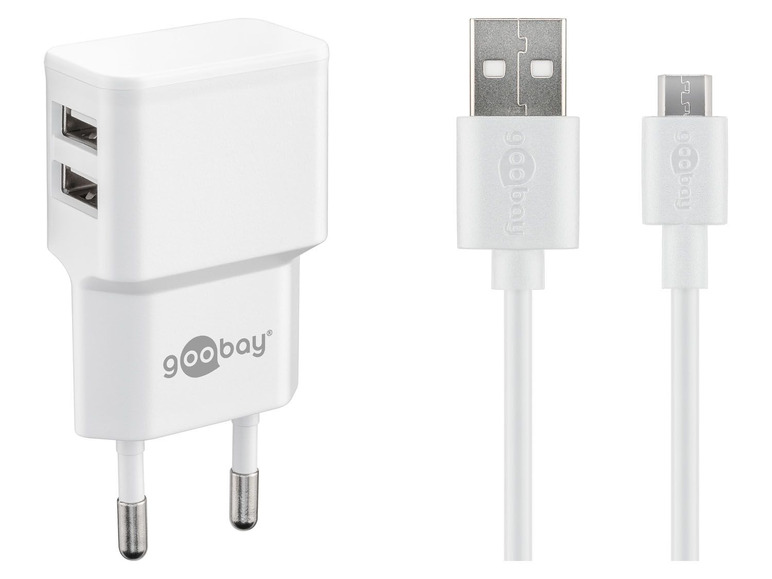 Gehe zu Vollbildansicht: Goobay Dual USB-A2.0 auf Micro USB-Ladeset (12W), weiß - Bild 1