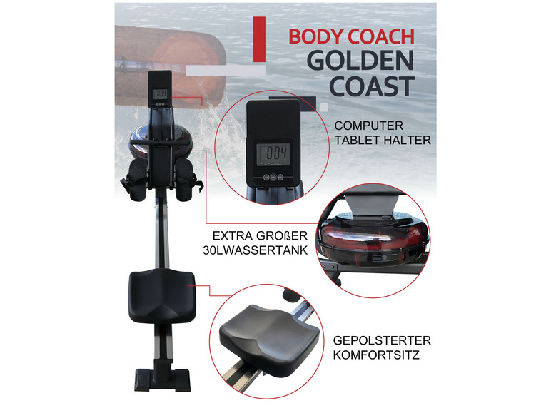 body coach Wasser-Rudergerät Gold Coast Rower Ruderzugmaschine Wasser-Bremssystem inkl. Brustgurt