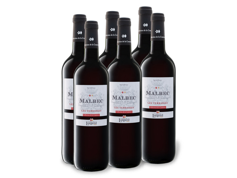 6 x Les Pays Weinpaket trocken, Malbec 0,75-l-Flasche Rotwein IGP d\'Oc Terrasses