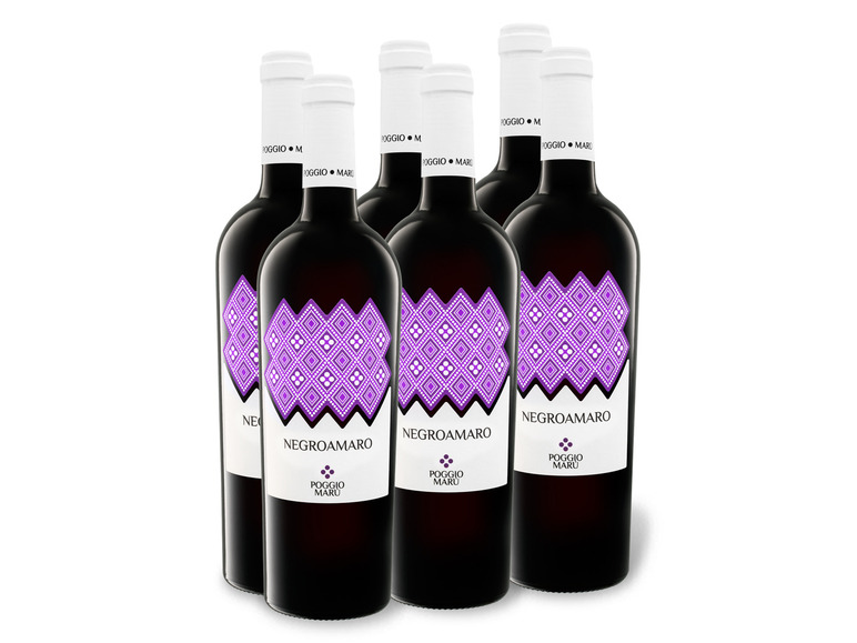 Rotwein halbtrocken, Negroamaro Weinpaket Maru 6 x Poggio 0,75-l-Flasche IGP Salento
