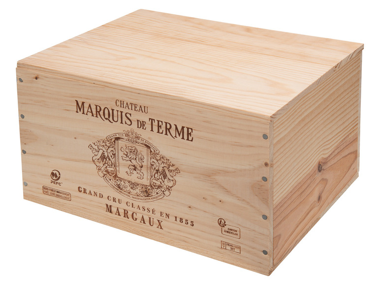 6 x 0,75-l-Flasche Château Marquis de Terme Margaux 4éme Grand Cru Classé AOC trocken, Rotwein 2018 - Original-Holzkiste