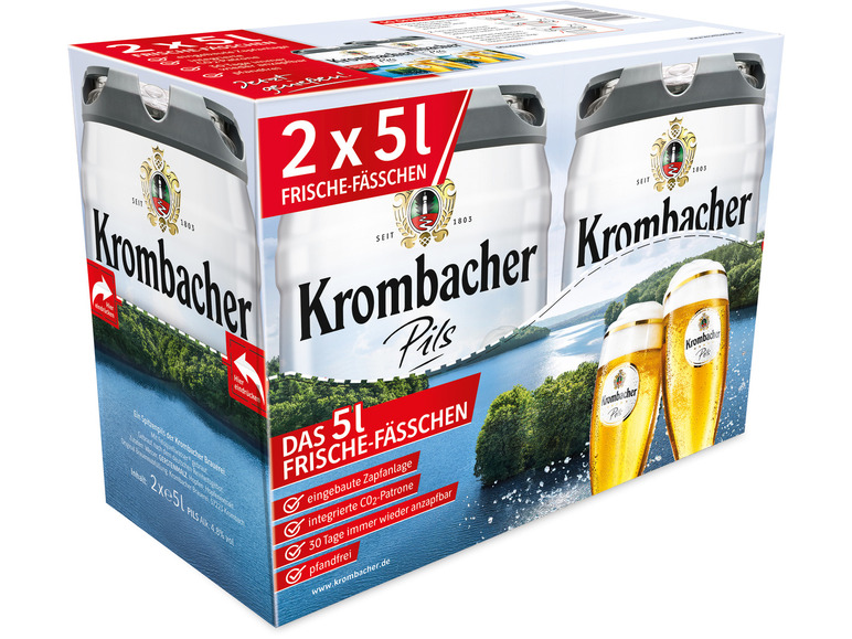 Gehe zu Vollbildansicht: 2 x 5-l-Bierfass Doppelpack Krombacher Pils, Bierfass mit Zapfhahn, Pfandfrei - Bild 2