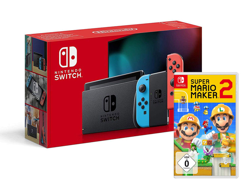 Gehe zu Vollbildansicht: Nintendo Switch Konsole Neon-Rot/Neon-Blau + Switch Super Mario Maker 2 - Bild 1