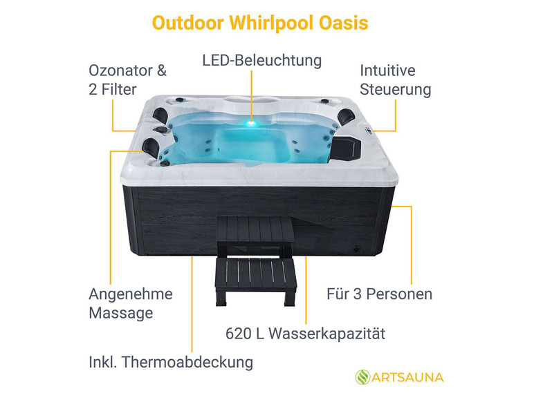 »Oasis«, mit LED-Lichtspiel Massagedüsen, Artsauna Whirlpool 31