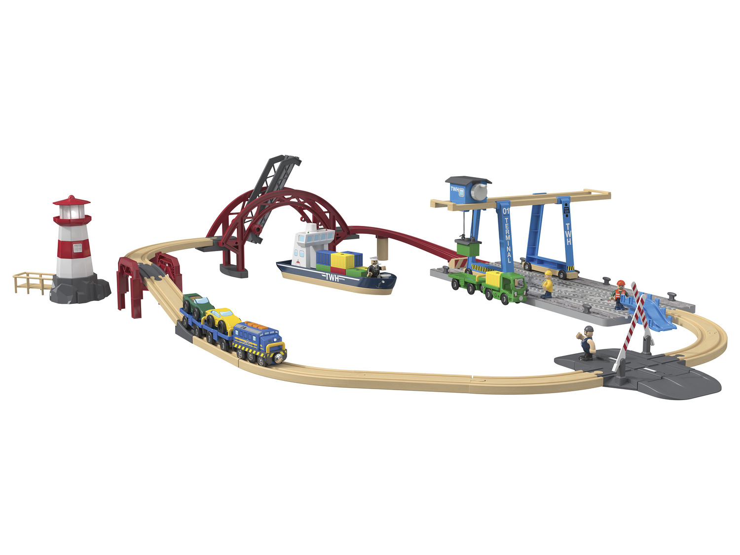 3 Stat… Playtive mit Eisenbahn-Set Holz Containerhafen,