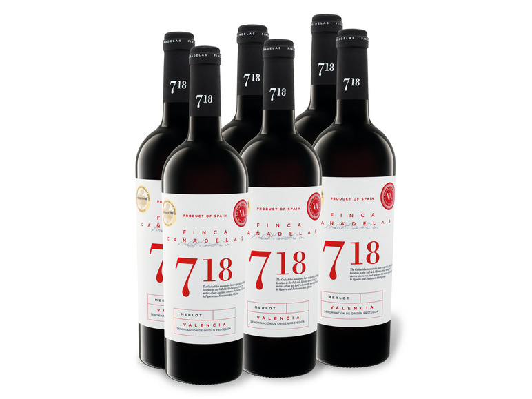 718 x vegan, Weinpaket trocken Merlot DOP Valencia 6 Finca Rotwein 0,75-l-Flasche Cañadelas