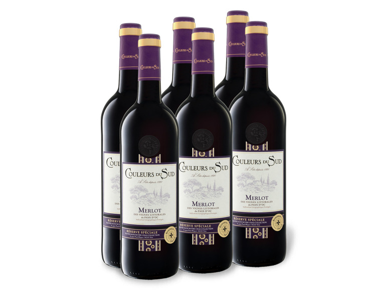 Merlot Weinpaket Couleurs Sud Pays d\'Oc du x 6 IGP trocken, 0,75-l-Flasche Rotwein