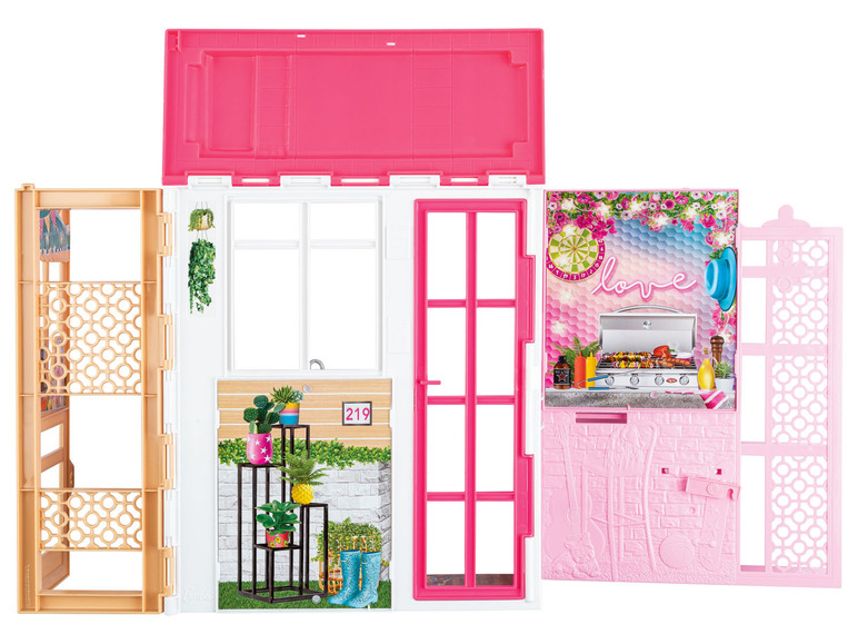 Barbie tragbar und Ferienhaus, Möbeln mit Puppe,