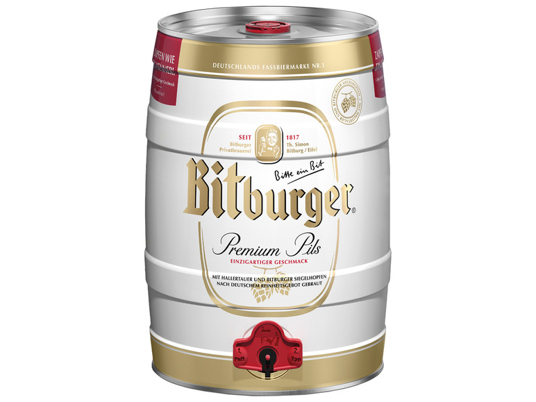 Gehe zu Vollbildansicht: Bitburger Premium Pils 5 Liter Bierfass mit Zapfhahn, Pfandfrei - Bild 1