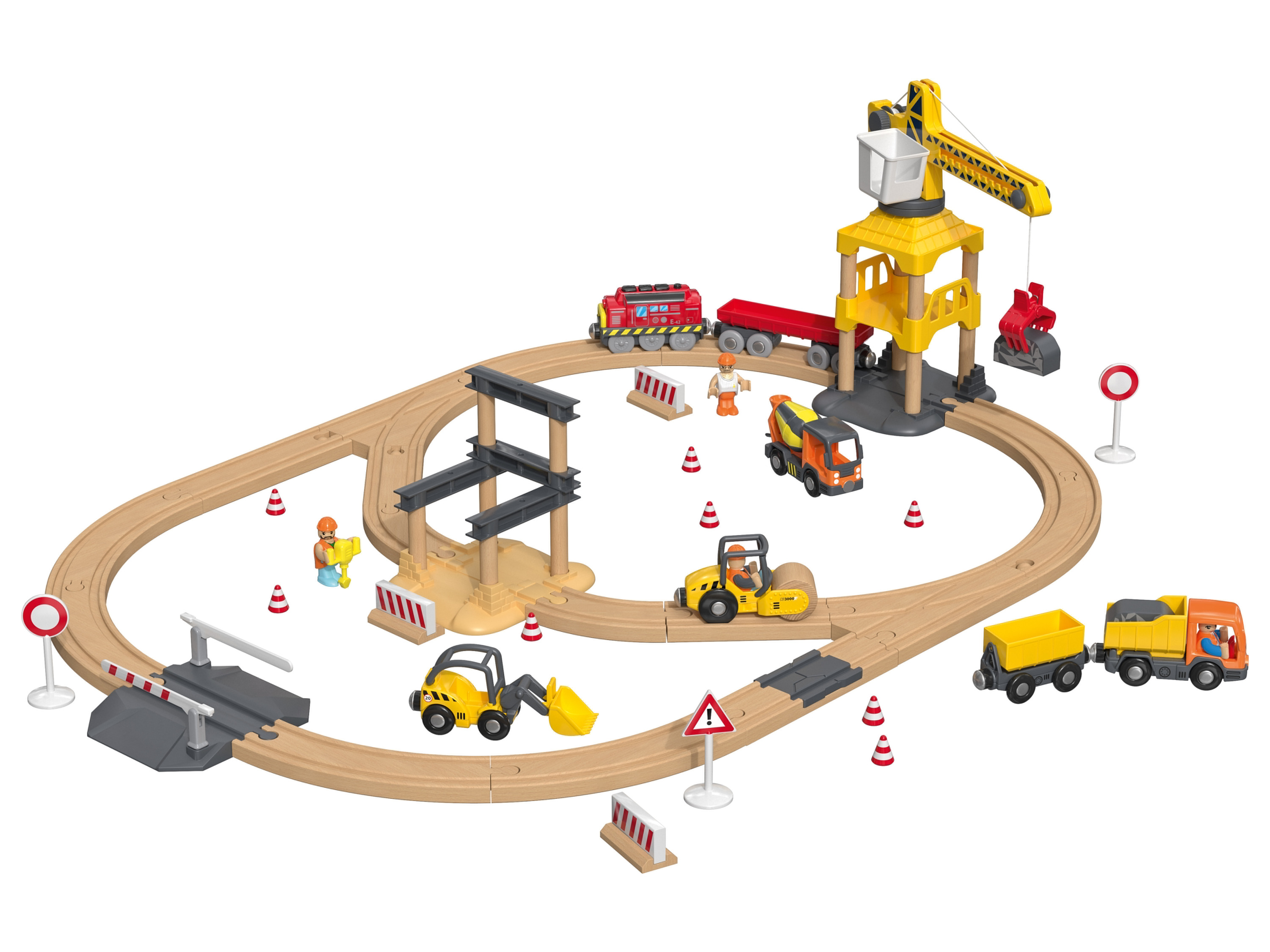 Playtive Holz Eisenbahnset L Baustelle (Holzeisenbahn Baustelle)