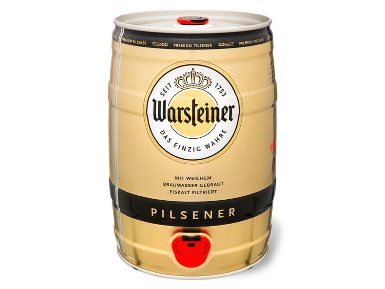 mit Zapfhahn, Pfandfrei Pilsener L 5 Vol Bierfass Warsteiner Premium % 4,8