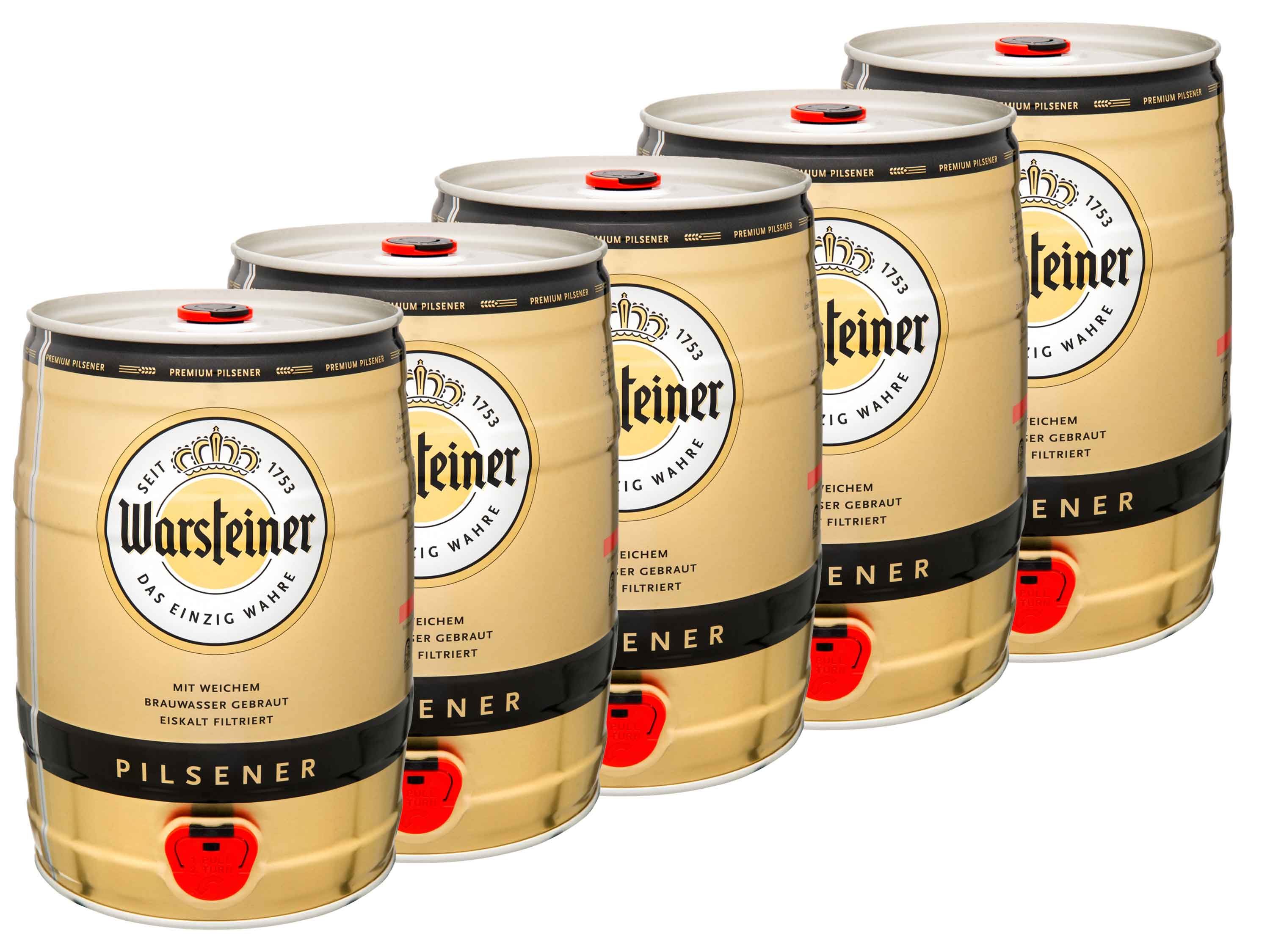 5 x 5,0-l-Bierfass Warsteiner Premium Pilsener mit Zapfhahn