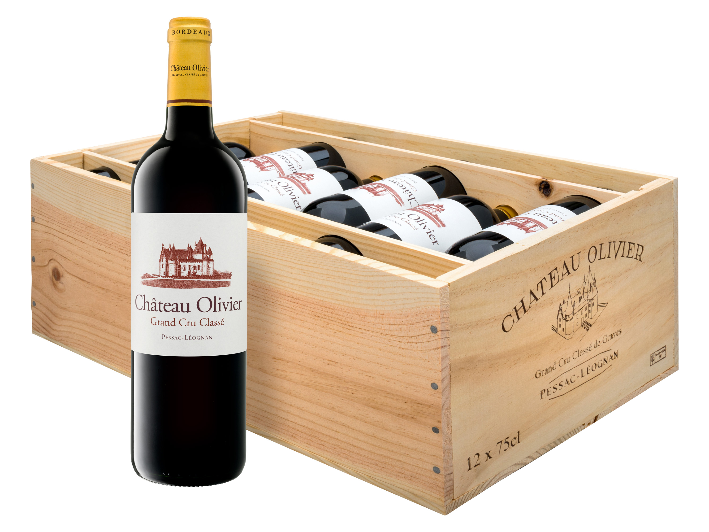 12 x 0,75-l-Flasche Château Olivier Grand Cru Classé Pessac-Léognan AOC trocken, Rotwein 2021 - Original-Holzkiste