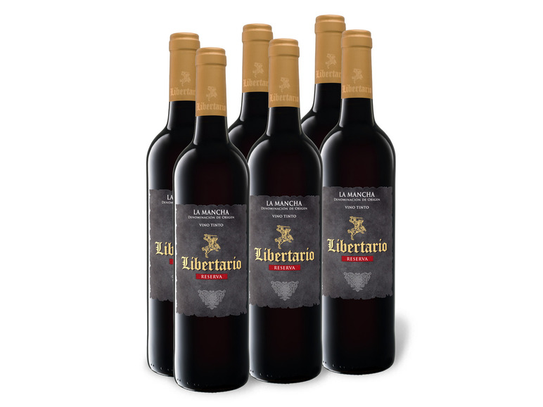 6 x 0,75-l-Flasche Weinpaket Reserva DO trocken, Mancha Rotwein Libertario La
