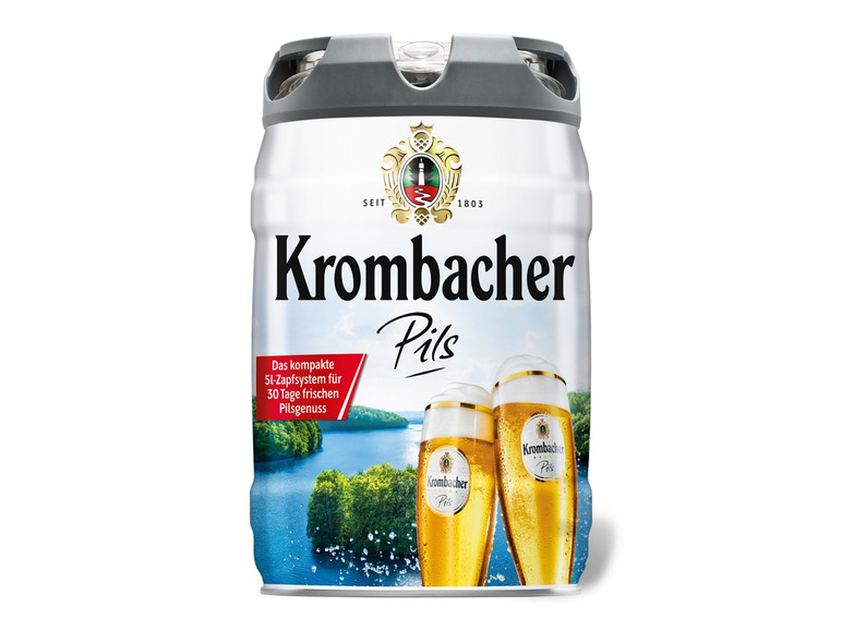 Gehe zu Vollbildansicht: Krombacher Pils 5 Liter Bierfass mit Zapfhahn, Pfandfrei - Bild 1